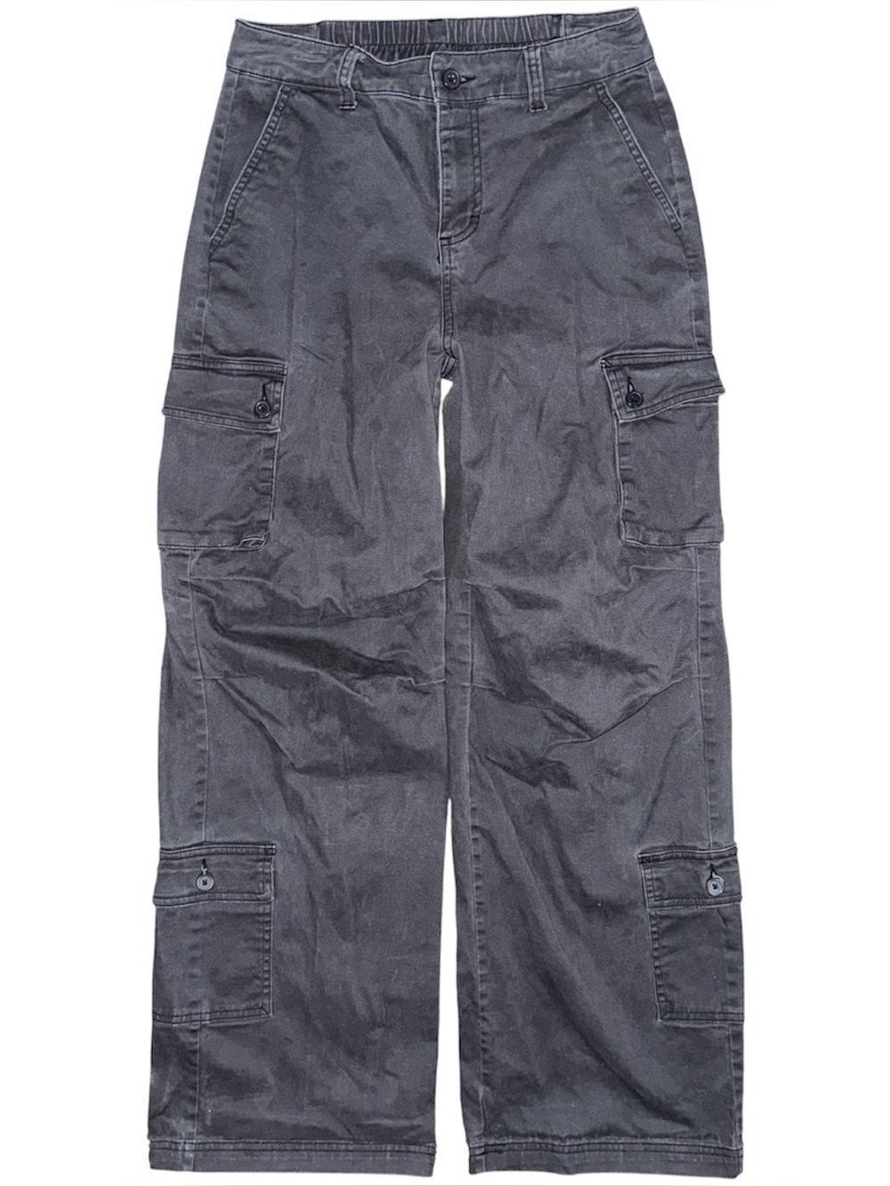 Women’s Washed Black Baggy Wide Leg Cargo Pants Sz S Ruched Knee Y2K Streetwear